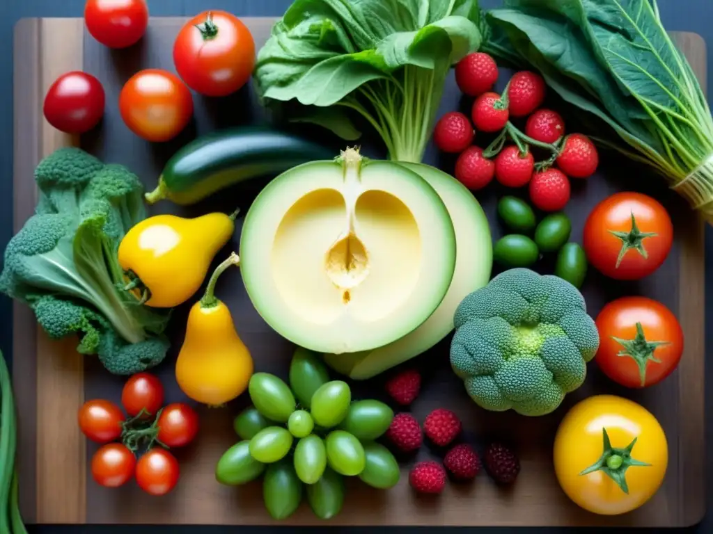 Una mesa de madera con frutas y verduras coloridas, resaltando la diversidad y belleza de alimentos plantbased