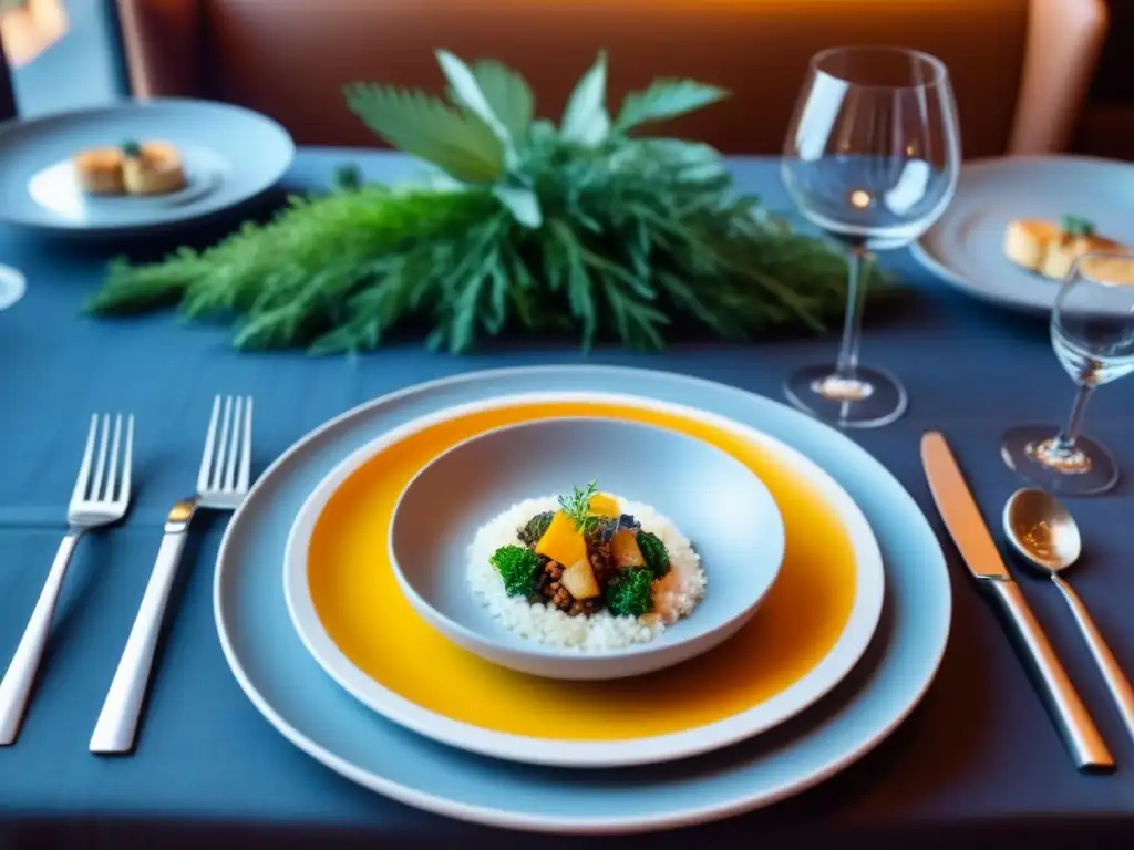 Una mesa elegantemente preparada en un restaurante de lujo sostenible, con platos coloridos y ingredientes locales