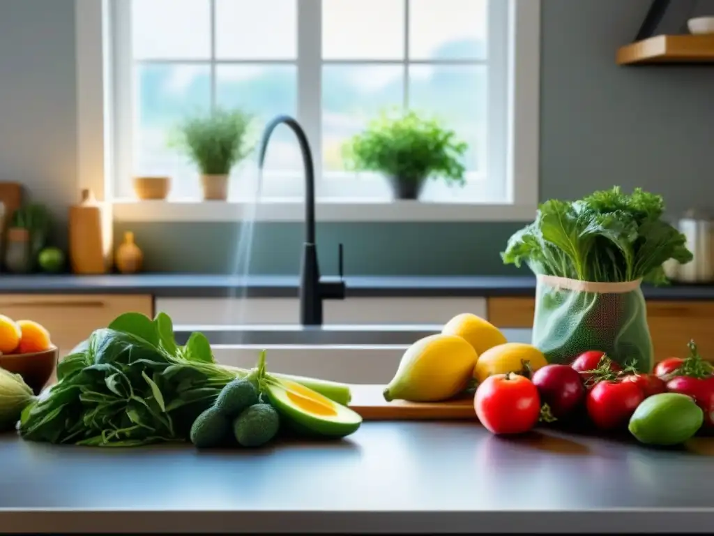 Mesada de cocina llena de frutas y verduras locales en bolsas de malla y recipientes de vidrio