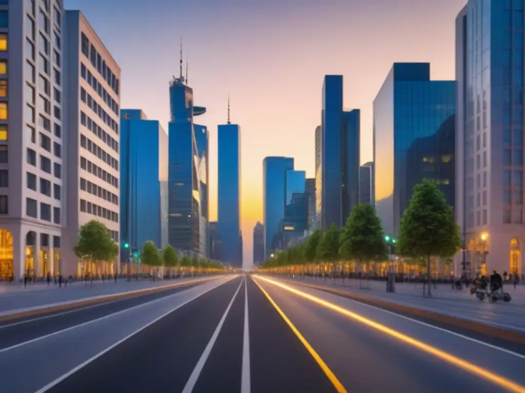 Una metrópolis sostenible y vibrante al atardecer, donde la comunidad se une en proyectos urbanos