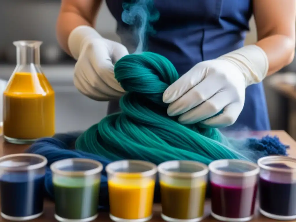 Mezcla detallada de colorantes ecológicos para textiles en beakers de vidrio, resaltando tonos índigo, ocre y verde