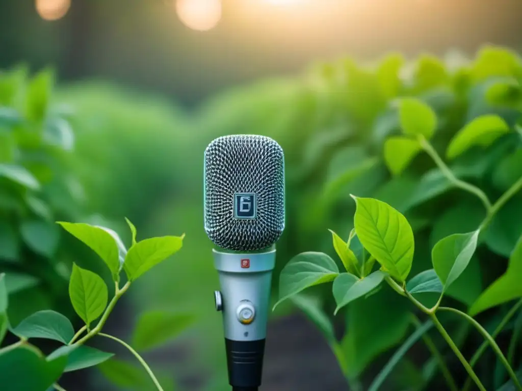 Un micrófono entrelazado con enredaderas verdes, fusionando música y naturaleza en el rap ecoactivista y estilo sostenible