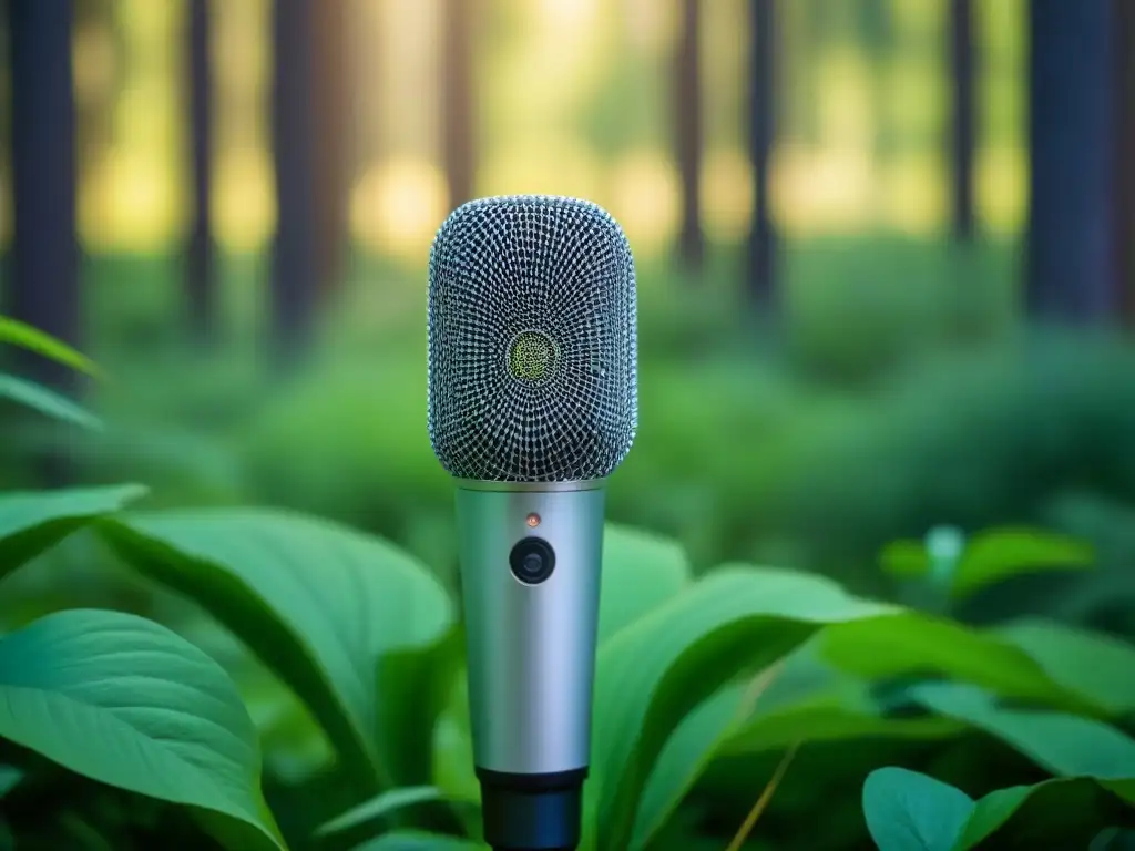 Un micrófono de podcast futurista en un bosque verde, simbolizando la unión de tecnología y naturaleza en podcasts de conciencia ambiental