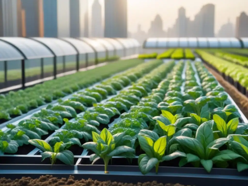 Microgranjas urbanas: verduras verdes creciendo bajo la luz filtrada, abejas polinizando, gotas de agua brillando en hojas