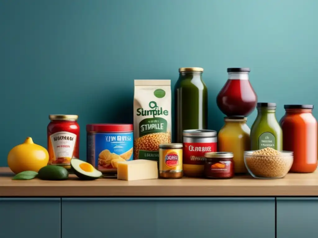 Una ilustración minimalista de alimentos procesados variados en una cocina moderna, resaltando la conveniencia y diversidad