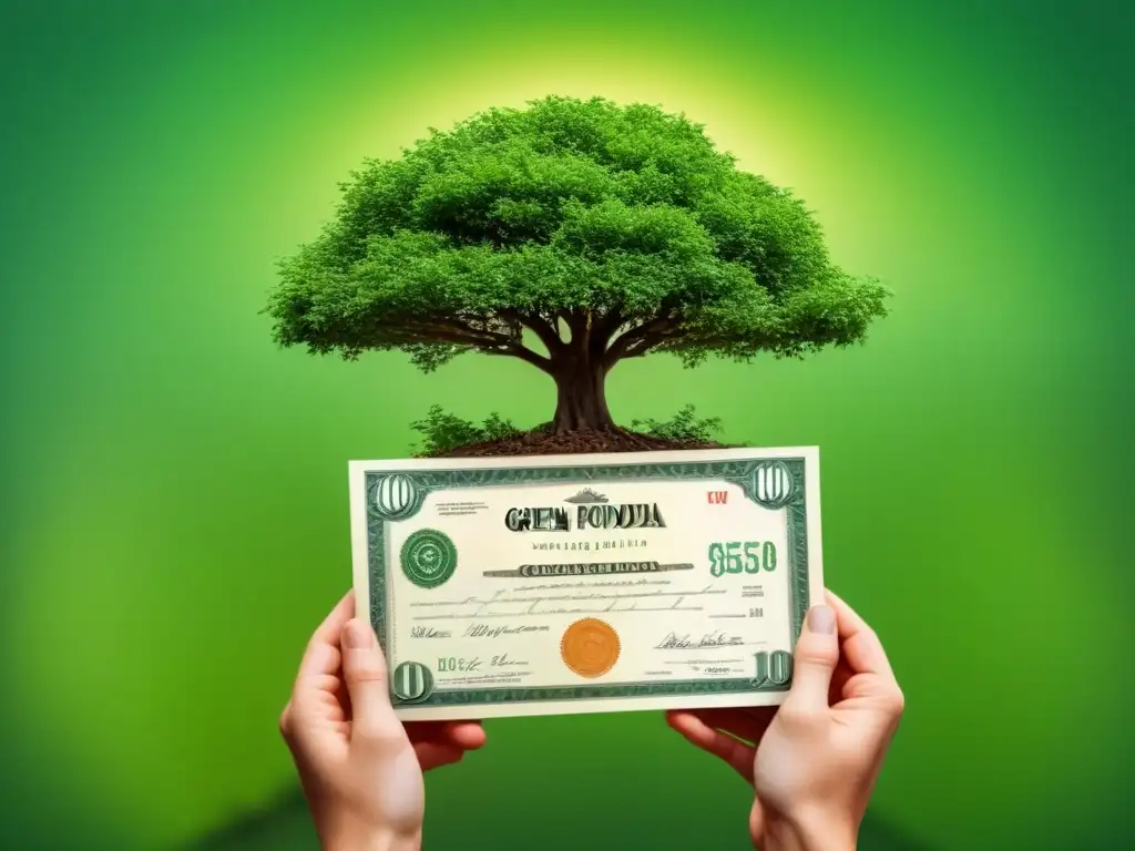 Ilustración minimalista de un árbol creciendo de un bono verde, simbolizando la responsabilidad ambiental y el crecimiento financiero