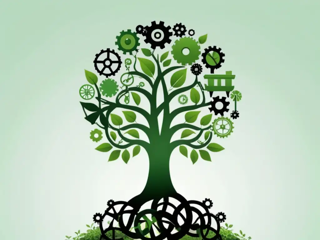 Ilustración minimalista de un árbol verde con raíces engranadas, representando la economía circular y empleo verde en EcoceroResiduo