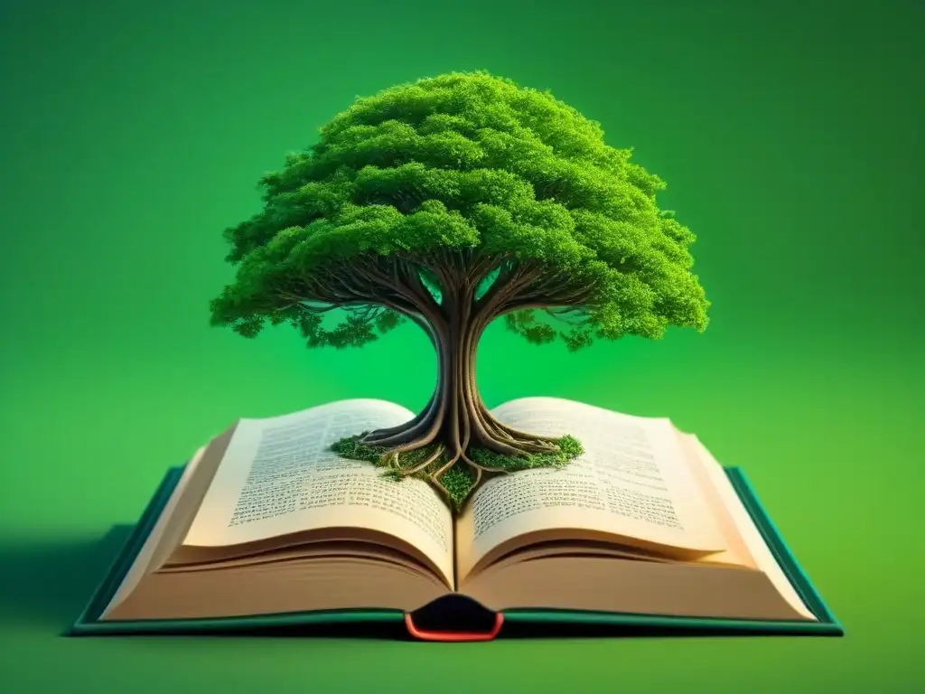 Ilustración minimalista de un árbol verde vibrante brotando de un libro abierto, con versos intrincados entrelazados en las ramas