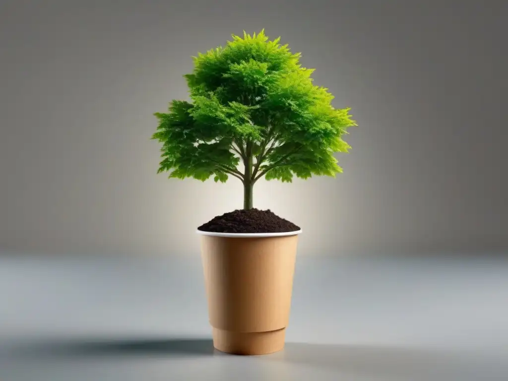 Ilustración minimalista de un árbol verde vibrante creciendo de una taza de papel reciclable, simbolizando eventos ecoamigables sostenibles