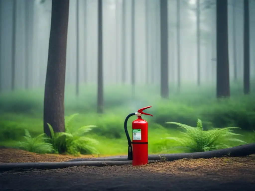 Ilustración minimalista de un bosque verde exuberante con un extintor, simbolizando la prevención de incendios forestales sostenibles