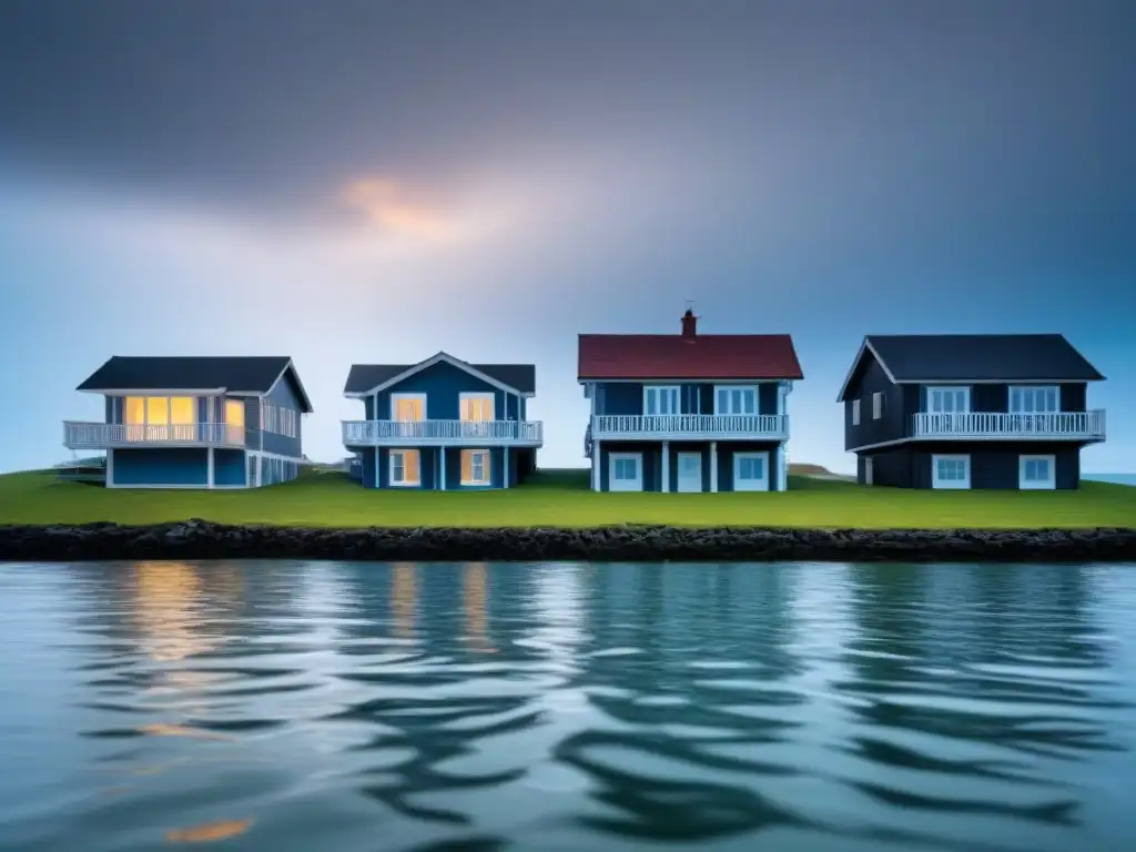 Ilustración minimalista de casas costeras siendo invadidas por el mar, simbolizando desafíos y soluciones al aumento del nivel del mar