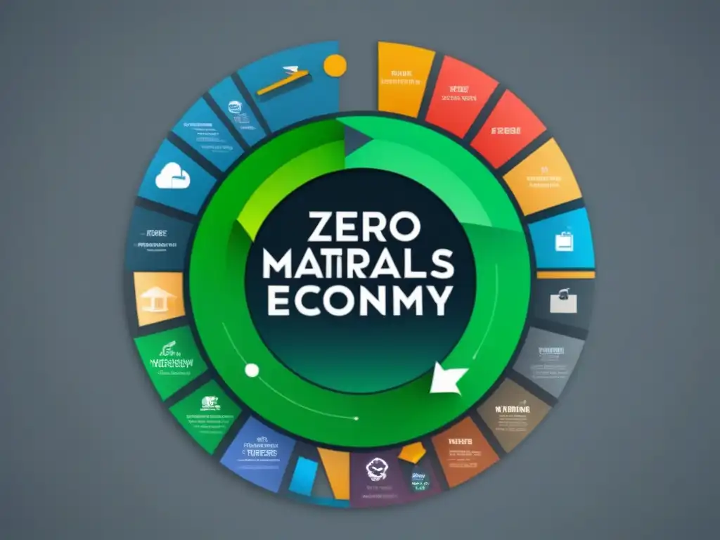 Ilustración minimalista de ciclo de materiales en economía circular: extracción, fabricación, consumo, reciclaje y producción