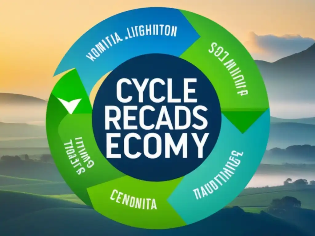 Ilustración minimalista de un ciclo de recursos en economía circular sostenible, con industrias interconectadas en un bucle sostenible