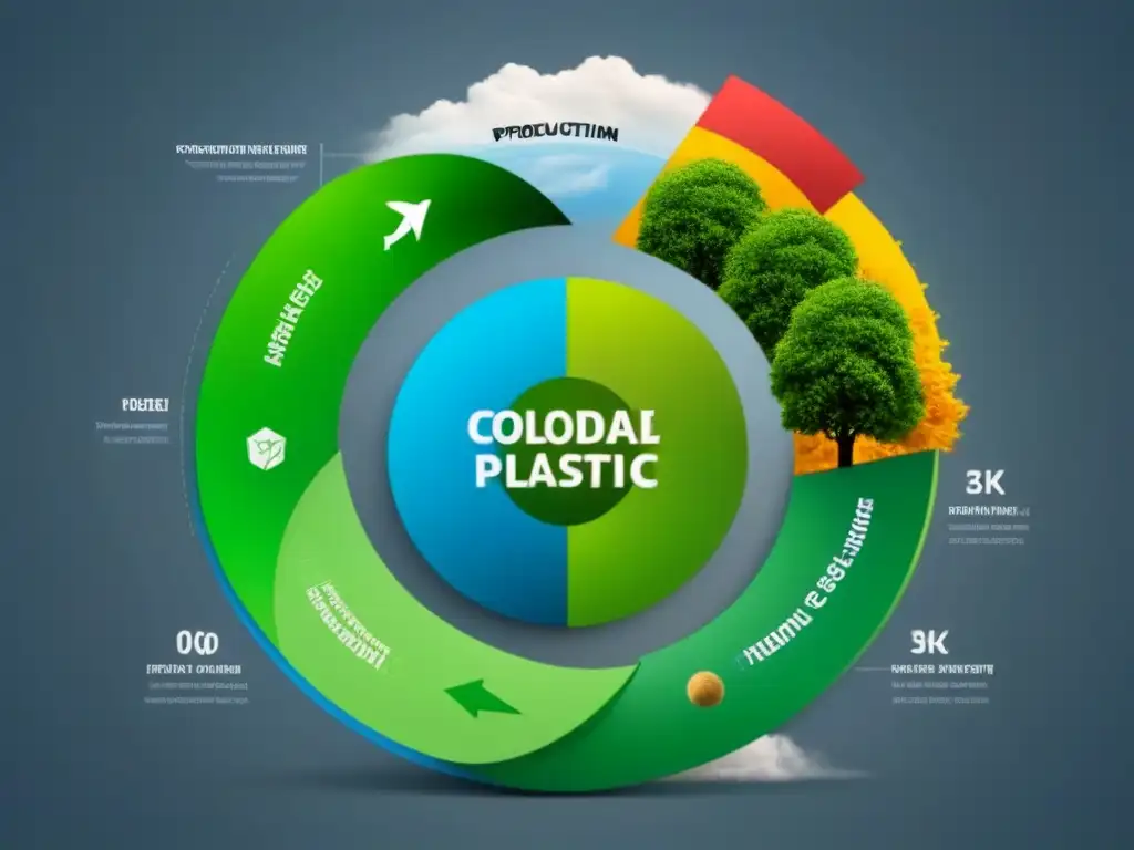 Ilustración minimalista del ciclo de vida del plástico biodegradable: producción sostenible, uso, descomposición y retorno al ecosistema