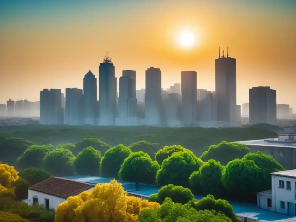 Ilustración minimalista de una ciudad bajo un sol abrasador, con ondas de calor y árboles marchitos