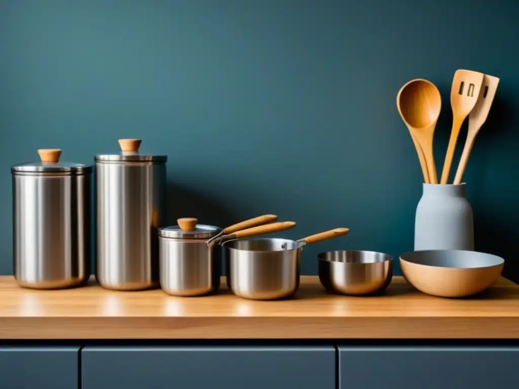 Minimalista cocina zero waste con utensilios ecofriendly y modernos