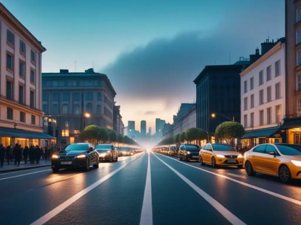 Ilustración minimalista de contaminación lumínica en ecosistemas urbanos: ciudad brillante rodeada de oscuridad