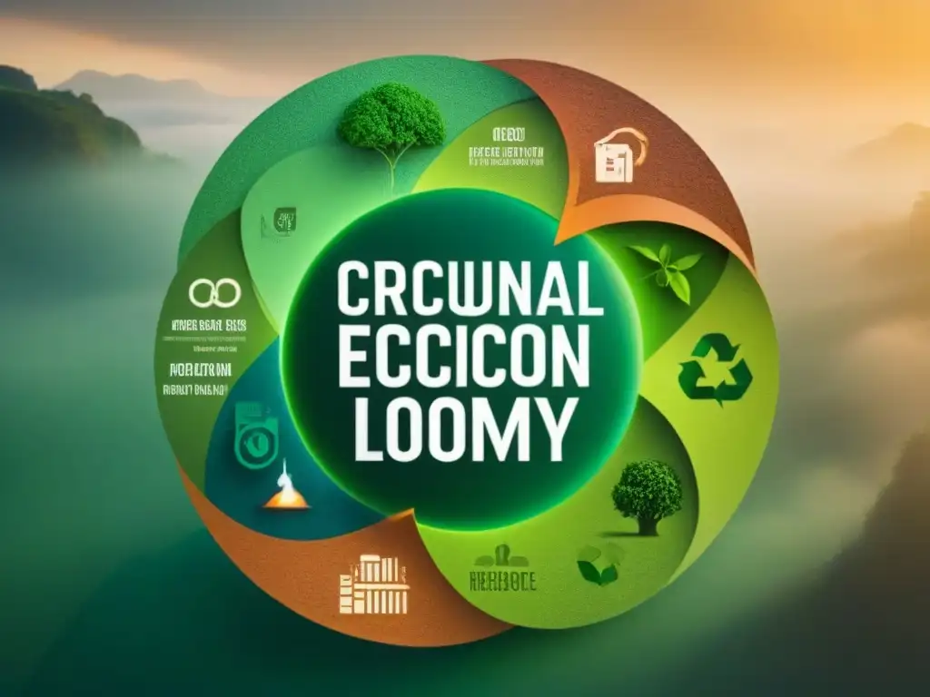 Ilustración minimalista de economía circular con iconos de producción, consumo y reciclaje en tonos verdes