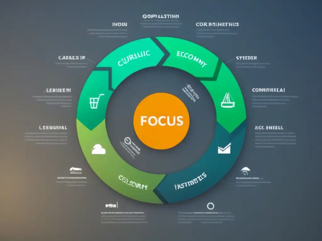 Ilustración minimalista de economía circular sostenible con flujo de recursos entre industrias y stakeholders conectados