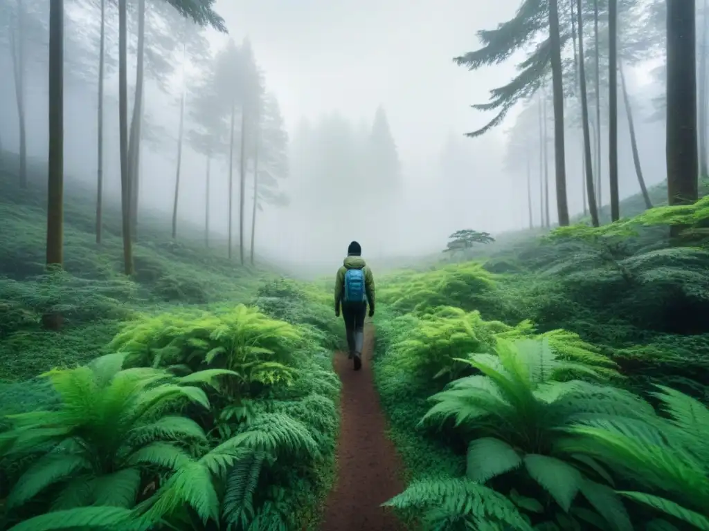 Ilustración minimalista de un exuberante bosque verde con variada fauna, simbolizando armonía y conservación