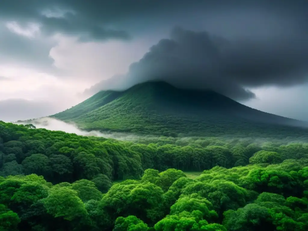 Ilustración minimalista de un frondoso bosque verde con nubes de tormenta, simbolizando la producción de carne y cambio climático