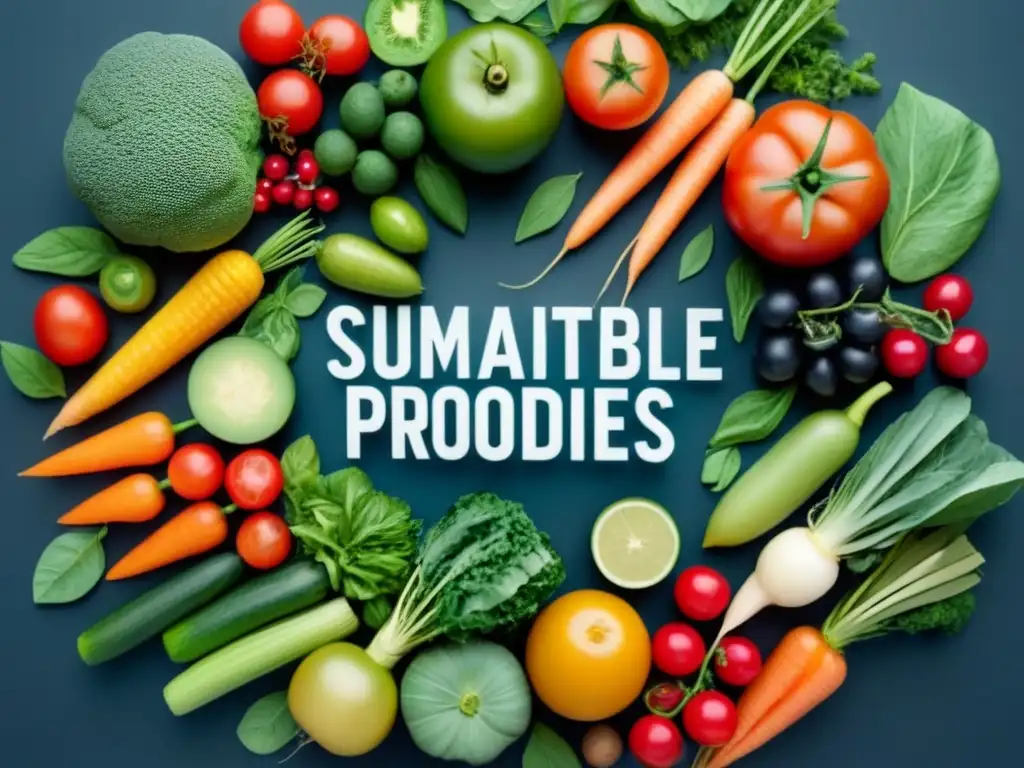 Una representación minimalista de frutas y verduras en un círculo, simbolizando una dieta sostenible impacto ambiental