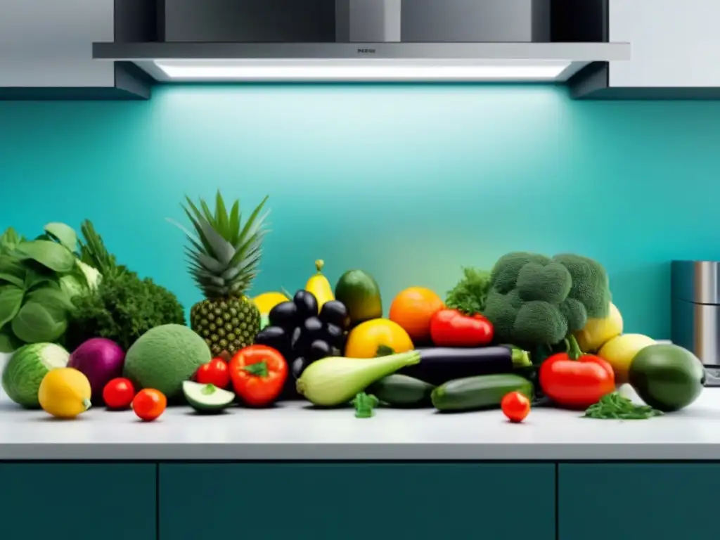 Una ilustración minimalista de frutas y verduras frescas en una cocina moderna y organizada