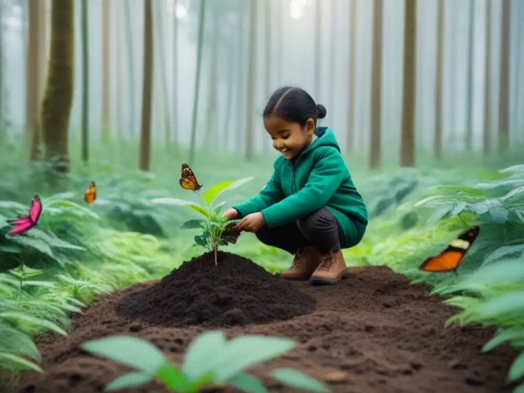 Niños felices plantando árboles en la naturaleza Ilustración minimalista de niños plantando árboles en un bosque, rodeados de mariposas y aves