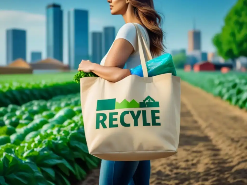 Ecología urbana: persona con bolsa reutilizable y contenedores de reciclaje Ilustración minimalista de una persona con bolsa reutilizable, reciclando