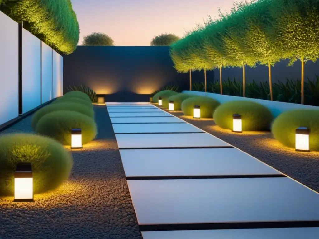 Un jardín minimalista sereno iluminado por elegantes luces solares, mostrando equilibrio entre sostenibilidad y funcionalidad en espacios exteriores