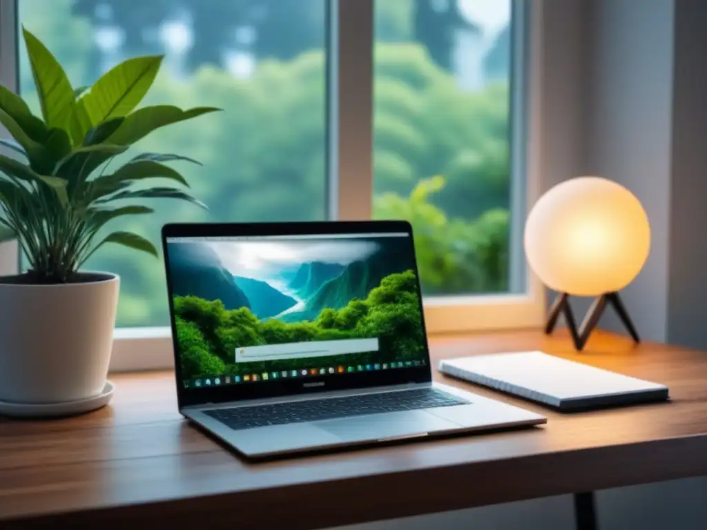 Un rincón minimalista y sereno con laptop, teclado inalámbrico, planta y bloc de notas en un escritorio de madera