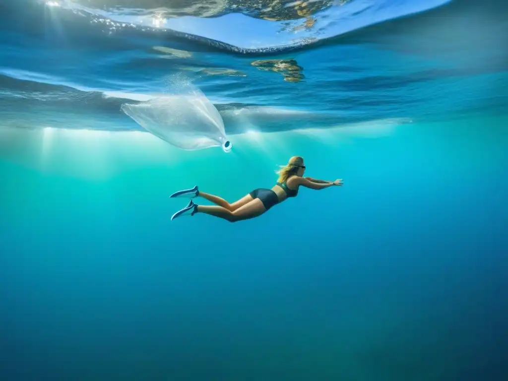 Planeta vivo y plástico mortal: impacto ambiental Ilustración minimalista de la Tierra verde vibrante con criaturas marinas en agua azul clara rodeadas de plásticos