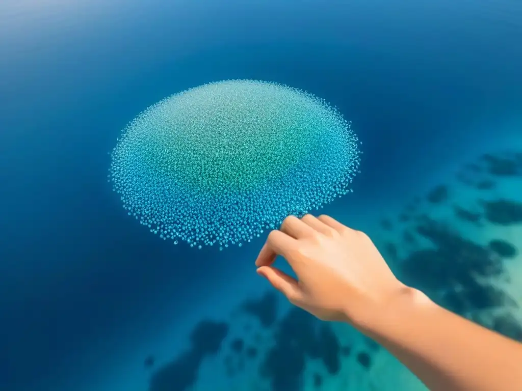 Ilustración minimalista de un tranquilo mar con microplásticos, mostrando la contaminación oceánica por microplásticos moda