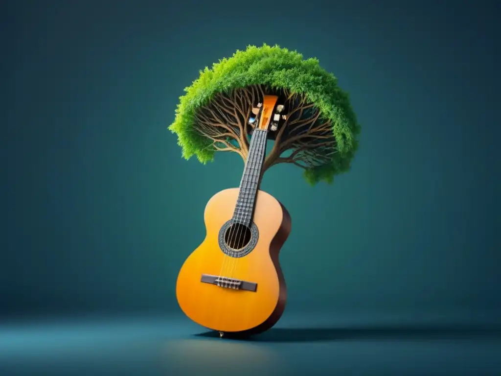 Ilustración minimalista: árbol verde crece de instrumento musical, entrelazando arte y ecología sostenible en perfecta armonía