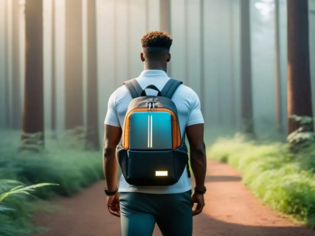 Una mochila solar moderna en un sendero boscoso iluminado por el sol, resaltando productos solares portátiles sostenibles