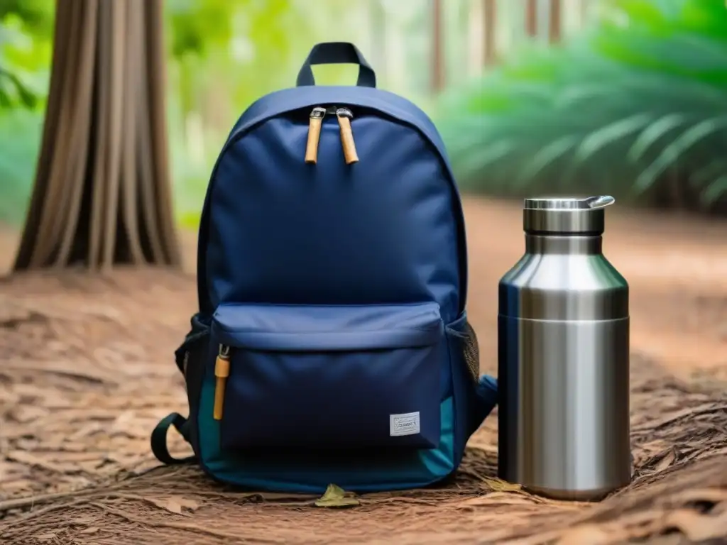 Mochila de viajero con artículos eco-friendly en bosque, luz suave entre árboles