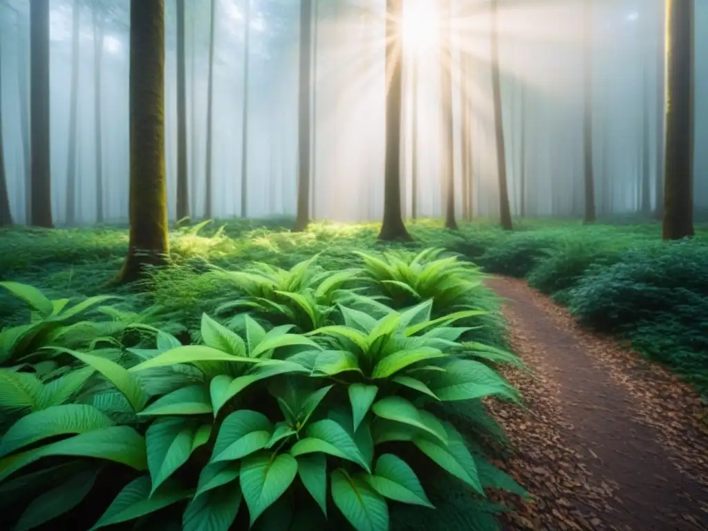 Compra moda sostenible y ética en este bosque verde y sereno, donde la luz del sol crea patrones mágicos en el suelo del bosque