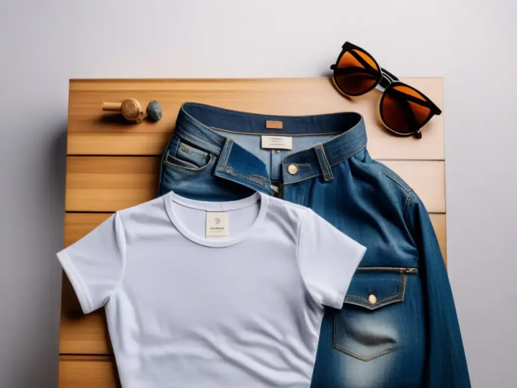 Moda sostenible: prendas de algodón orgánico, gafas de bambú, bolsos de plástico reciclado y jeans de denim reciclado en un elegante fondo blanco