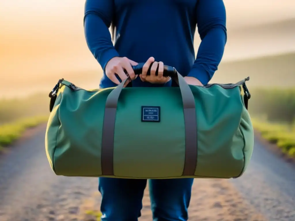 Moda sostenible para viajeros conscientes: Bolso de viaje ecológico con líneas limpias y tonos terrosos, en fondo neutro