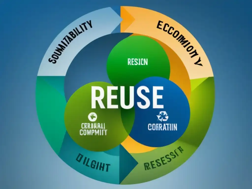 Modelo circular de sostenibilidad en empresas: diagrama detallado en azules y verdes muestra ciclos de recursos, residuos y productos