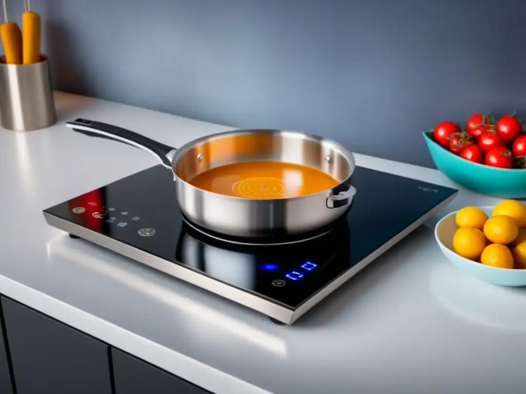 Moderna cocina de inducción con control de temperatura precisa, salsa hirviendo y diseño minimalista