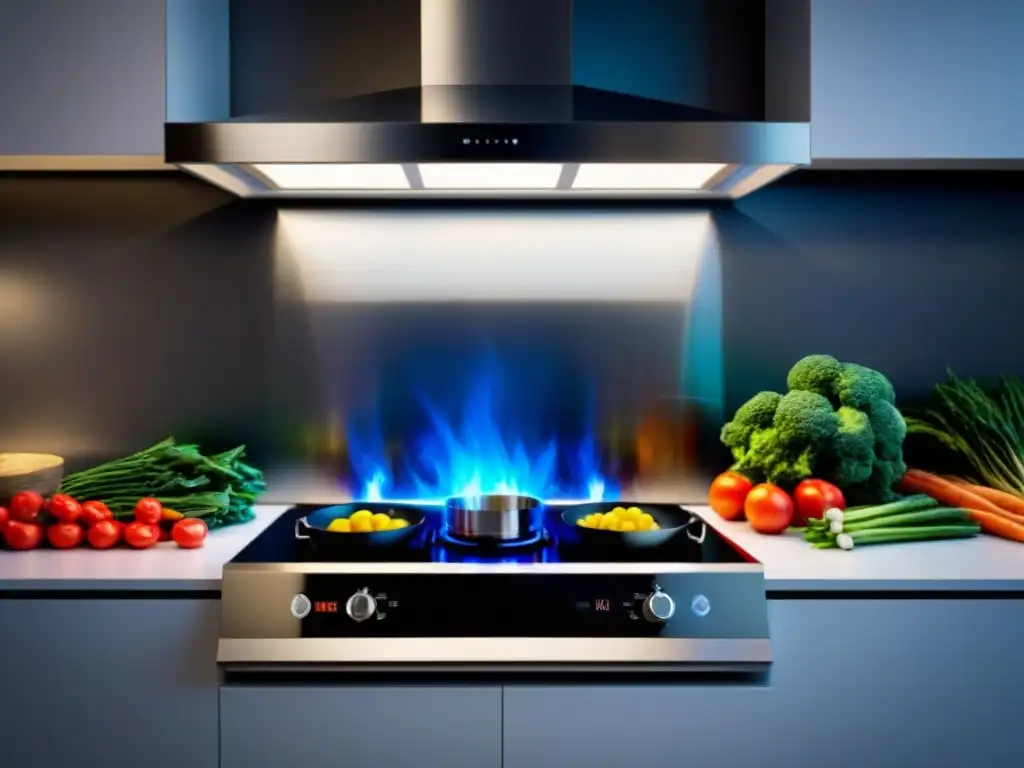 Moderna cocina con eficientes beneficios de cocinas de inducción, iluminada por suaves luces naturales