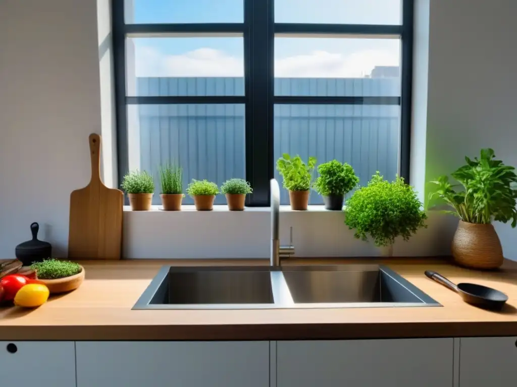 Moderna cocina minimalista con utensilios de cocina ecoamigables y jardín de hierbas en la ventana soleada