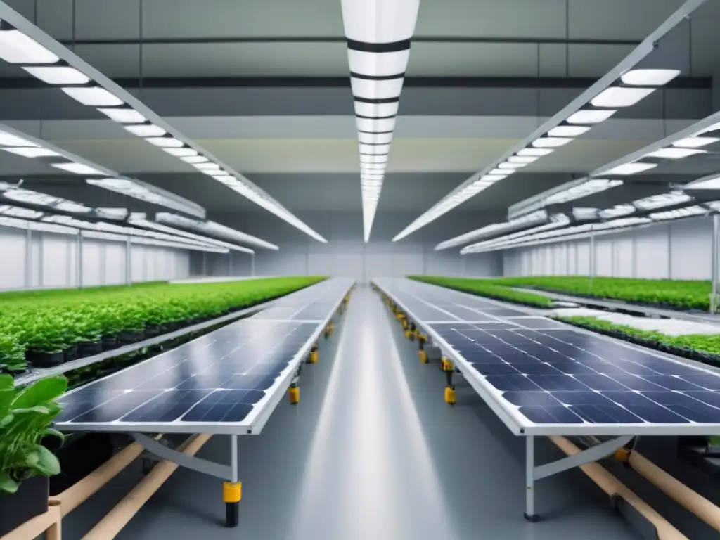 Una moderna fábrica ecológica produciendo merchandising, con paneles solares y vegetación