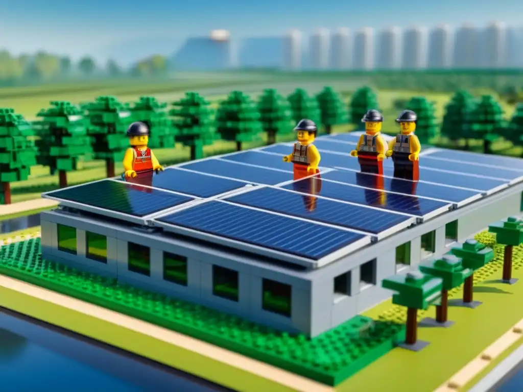 Fábrica moderna de LEGO con paneles solares, naturaleza exuberante y cielo azul