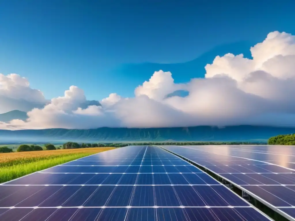 Instalación moderna de paneles solares captando la luz del sol, en un cielo azul vibrante