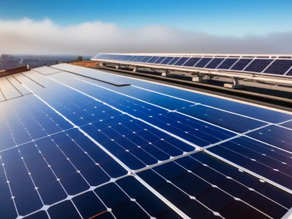 Instalación moderna de paneles solares en un techo, reflejando innovación y eficiencia, con el cielo azul de fondo