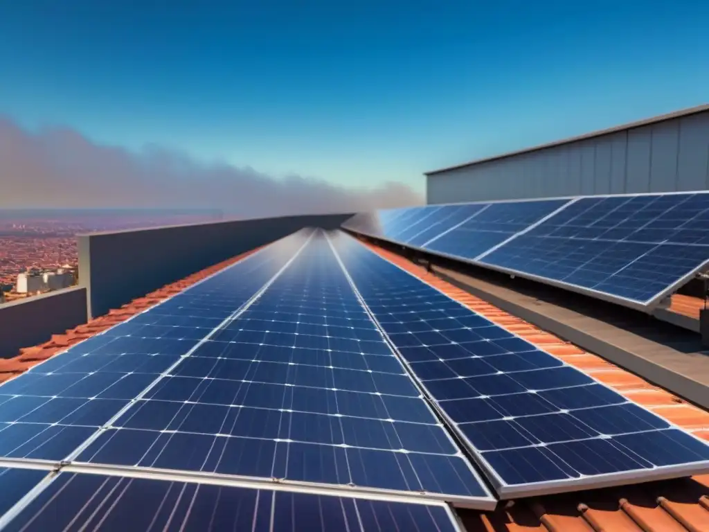 Instalación moderna de paneles solares en tejado, reflejando colores vibrantes al capturar la energía solar