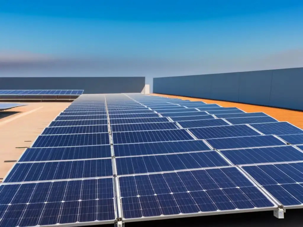 Instalación moderna de paneles solares en tejado, reflejando la luz del sol en un cielo azul