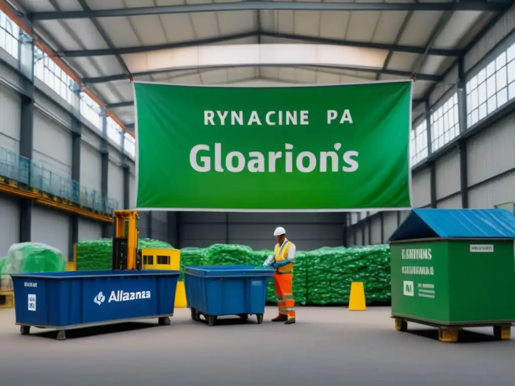 Una moderna planta de reciclaje con maquinaria de vanguardia y trabajadores eficientes, bajo la frase 'Alianzas Globales para la Gestión de Residuos'